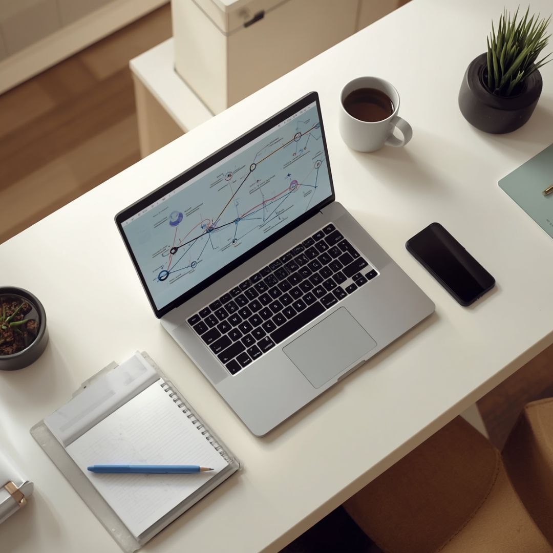 Escritorio con portátil mostrando flujos de automatización e inteligencia artificial para negocios